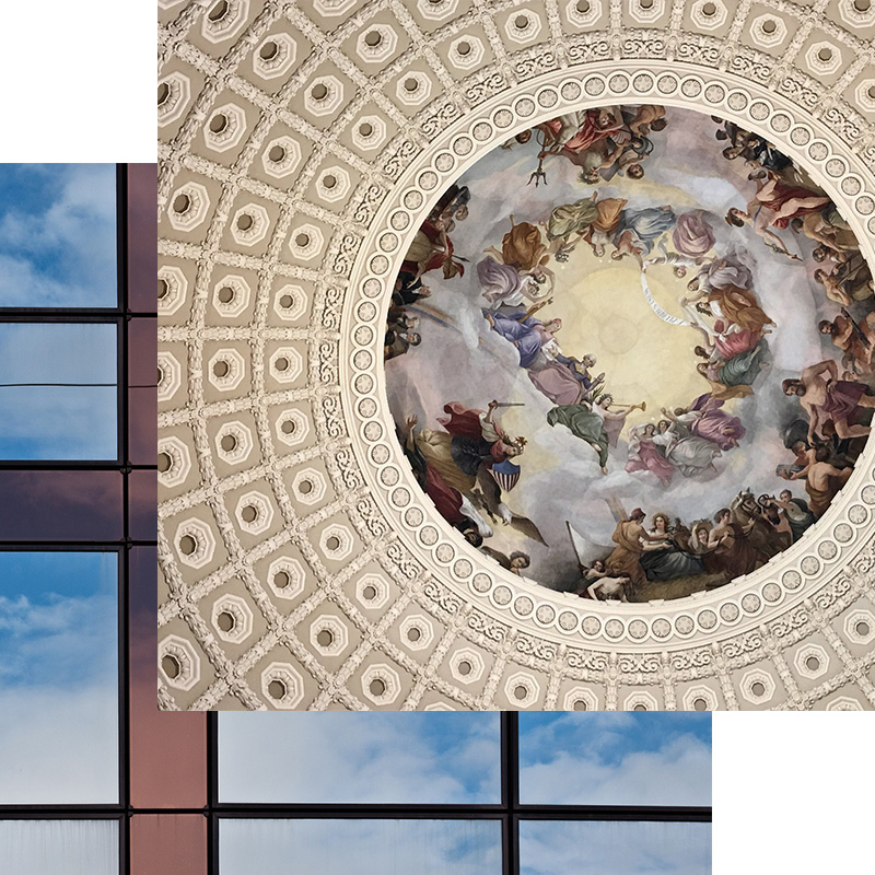 Photo of the Capital dome from the inside looking up overlapping an image of building windows. 